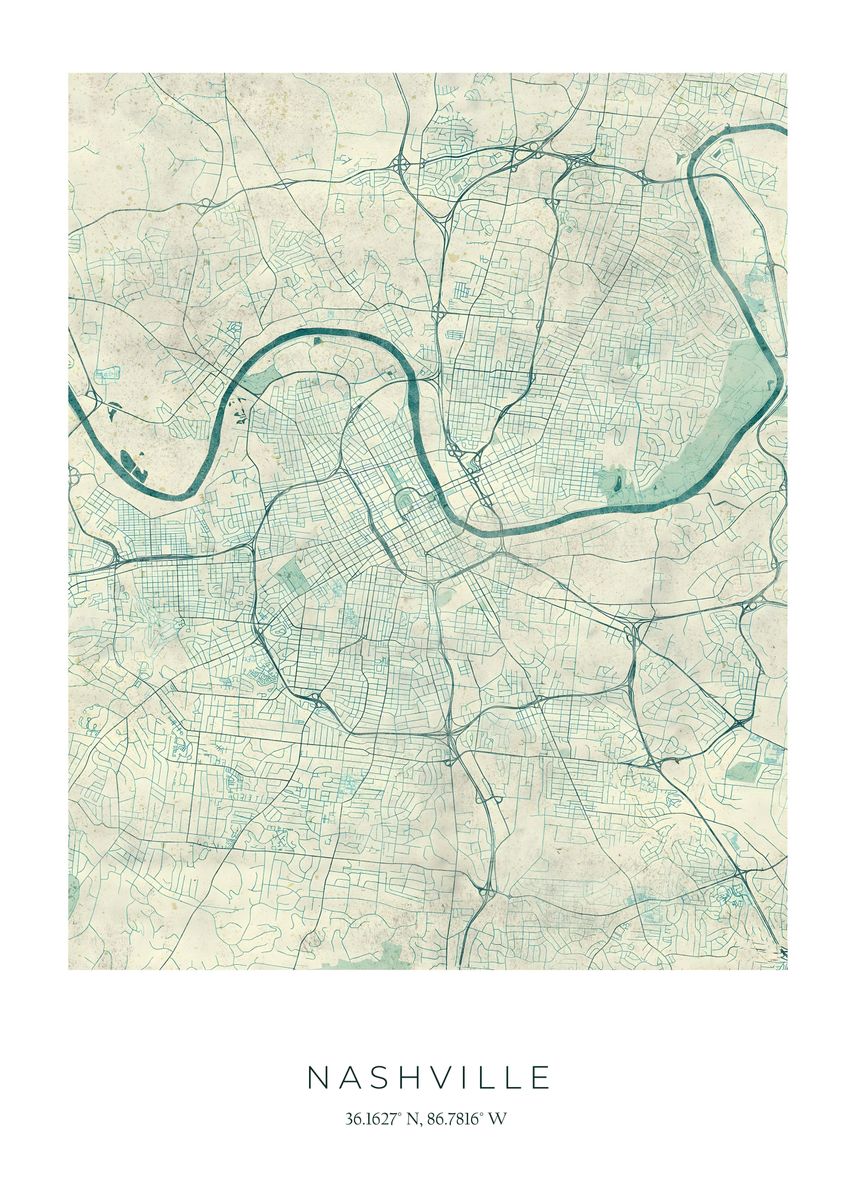 'Nashville City Map' Poster, picture, metal print, paint by Uber ...