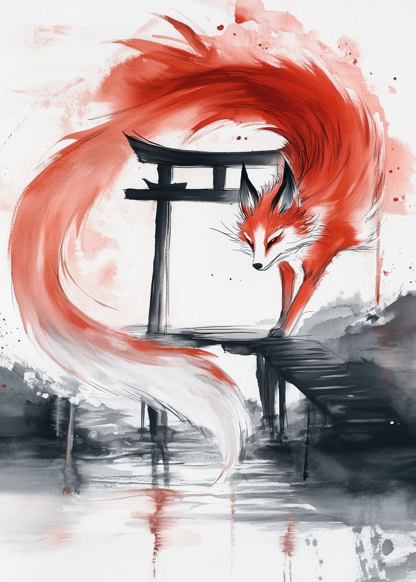 'Kitsune Spirit at the Torii Gate' Poster, picture, metal print, paint ...