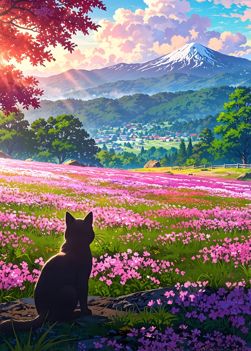 'Cat in Flower Field' Poster, picture, metal print, paint by ...