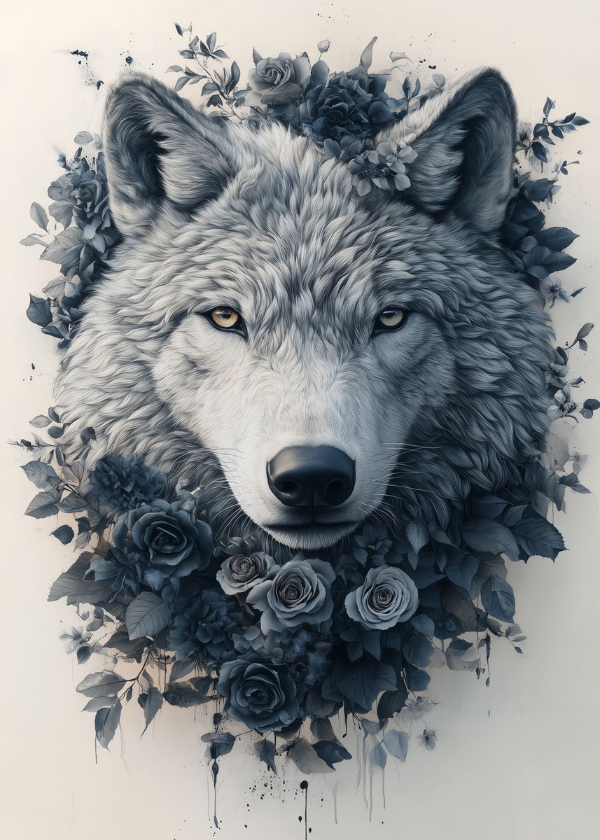 'Wolf and Roses' Poster, picture, metal print, paint by JR Artworks ...