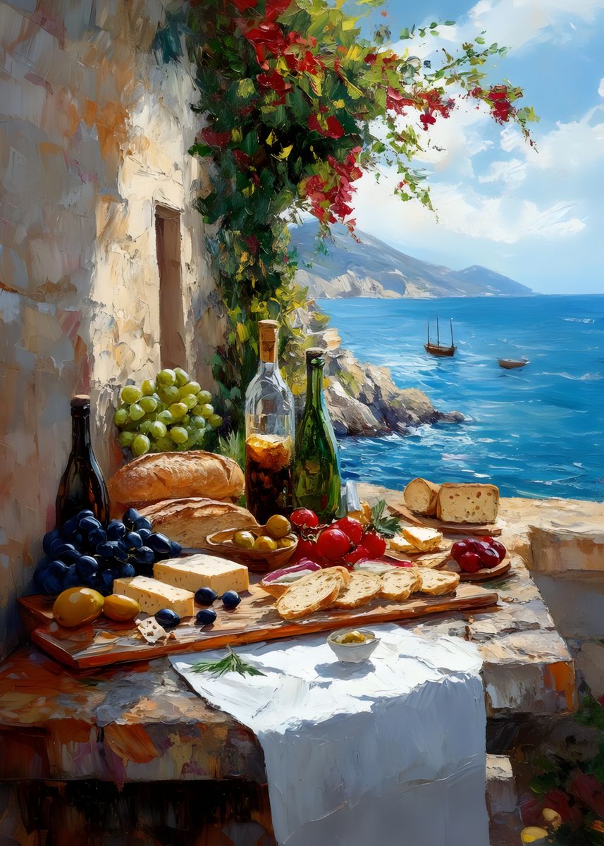 set of three mediterranean kitchen prints | framed... 'Mediterranean View With Food' Poster, picture, metal print, paint by ...