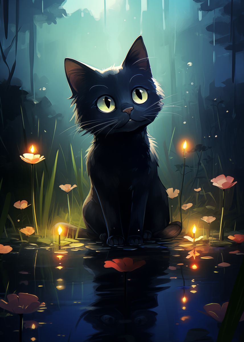 'Cute Black Cat in a Forest' Poster, picture, metal print, paint by ...