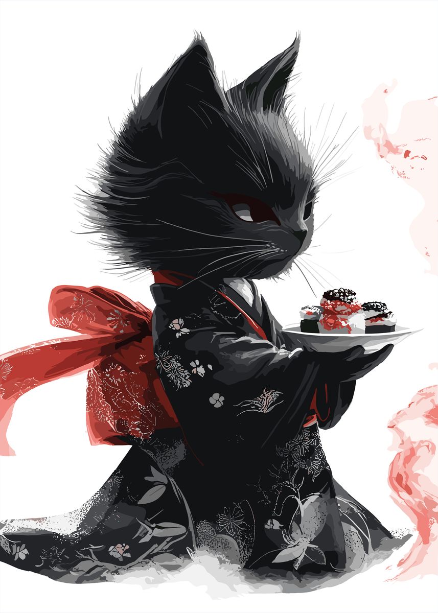 Fanth 'Black Cat in Kimono with Sushi' Poster, picture, metal print, paint by ...