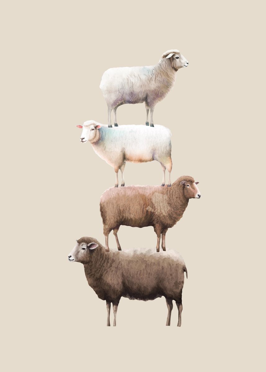 Sheep Show Stack 'Stack of Sheep Watercolor' Poster, picture, metal print, paint by ...