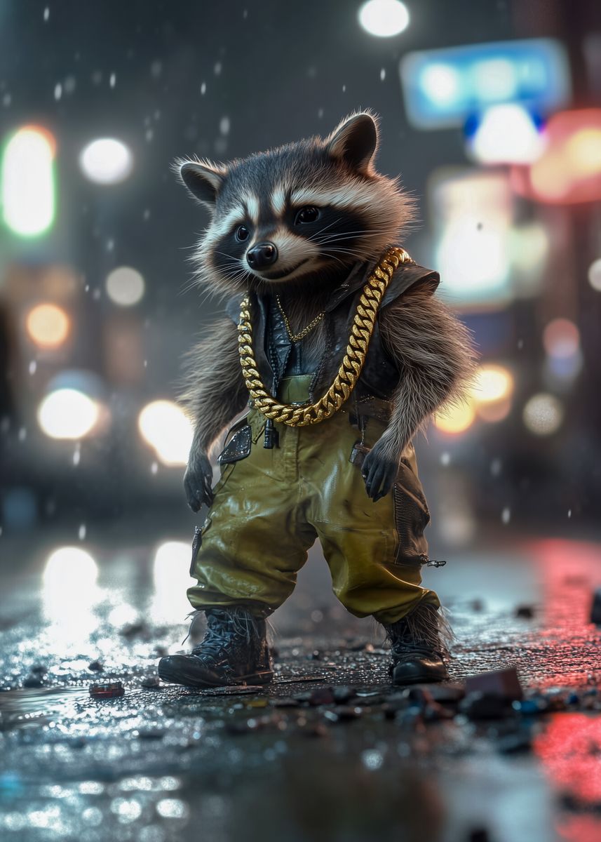 'Raccoon Gangster' Poster, picture, metal print, paint by InterGalatica