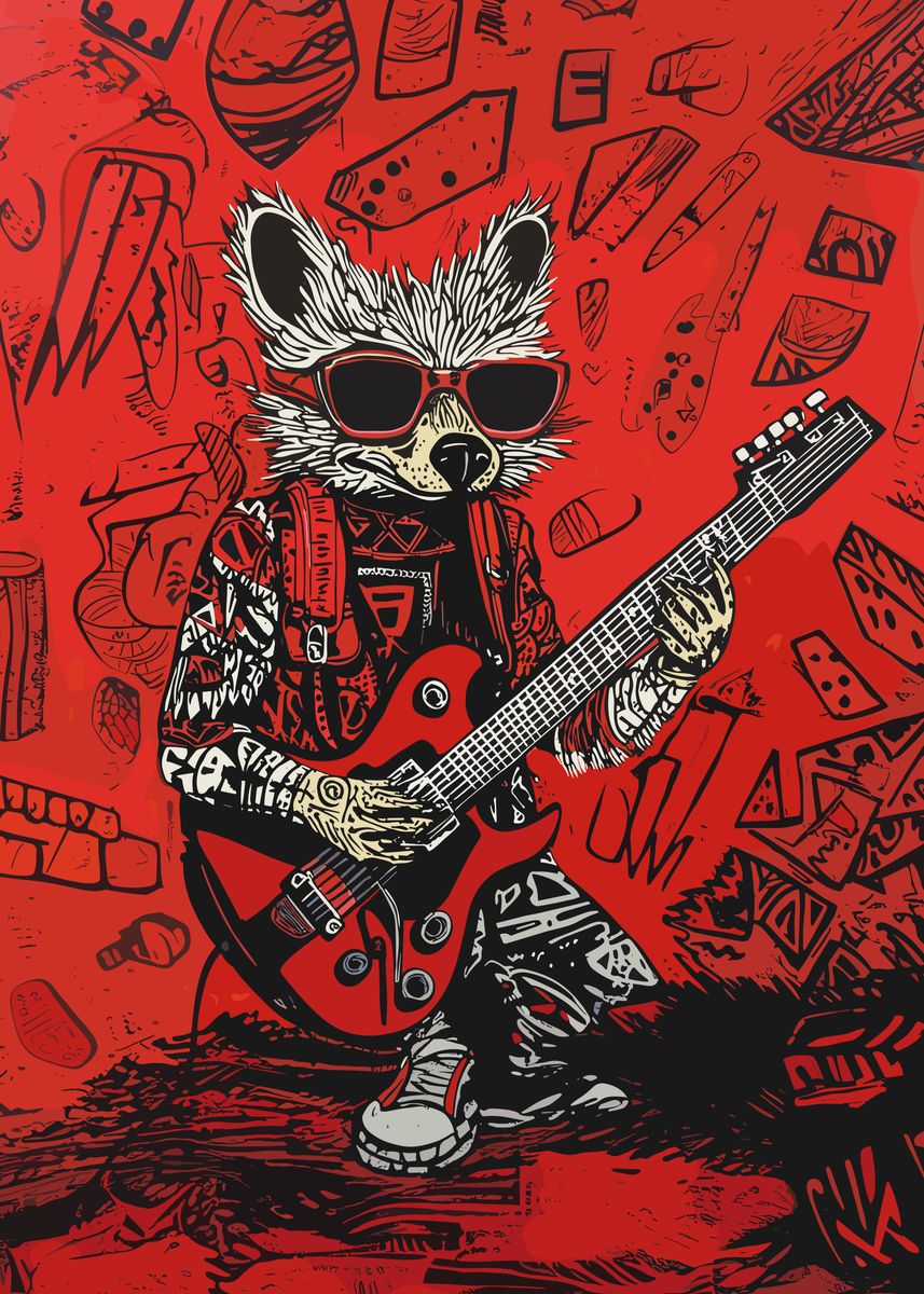 Rockstar Racoon Drawing 'Rockstar Raccoon' Poster, picture, metal print, paint by Omar Kanan ...